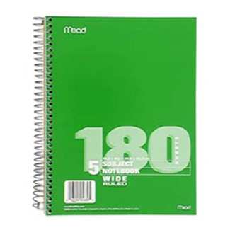 Picture of Notebook spiral 5 subject 180 ct  10 1/2 x 8