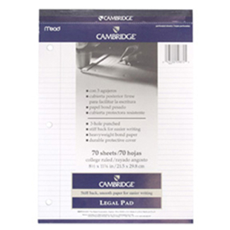 Picture of Pad legal cambridge white 70 ct  8 1/2 x 11 3/4 coll rule 3 hole