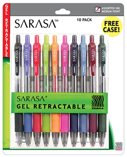 Picture of Sarasa 10pk asstd gel retractable  roller ball ink pens with case