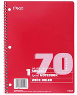 Notebook spiral single subject 70ct  10 1/2 x 8