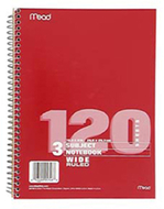Notebook spiral 3 subject 120 ct  10 1/2 x 8